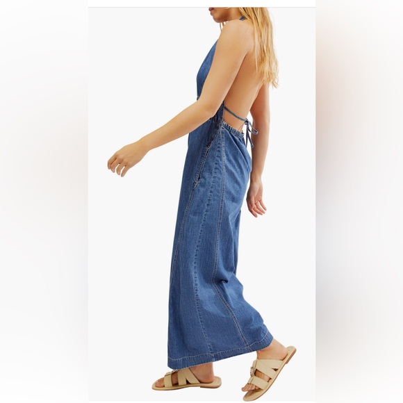 NWOT Free People Sunrays Denim Halter Jumpsuit - Picture 3 of 9